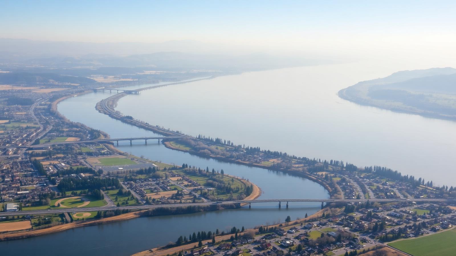 Aerial view of the Columbia River curving past riverside neighborhoods and bridges in the Tri-Cities region
