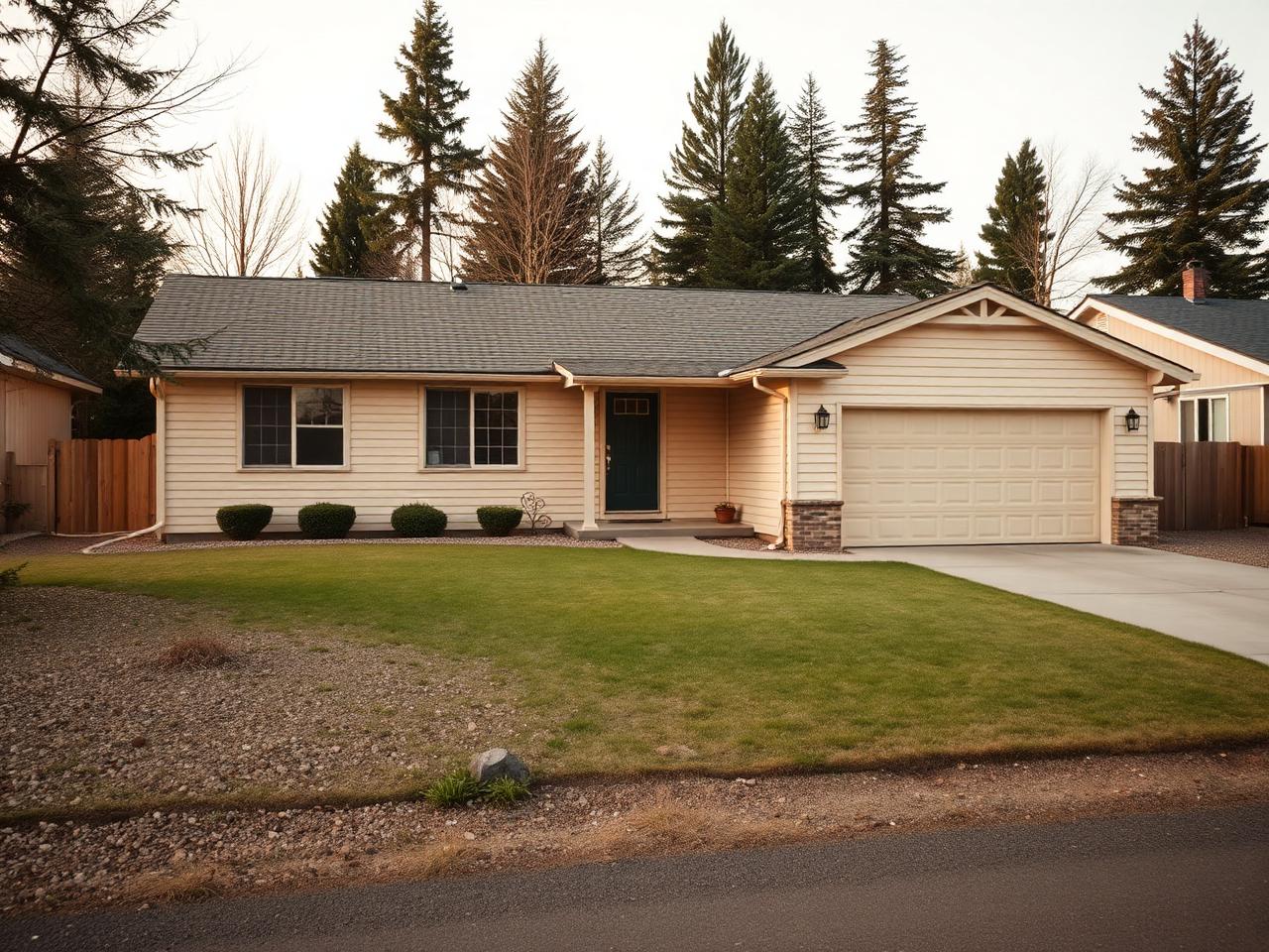 A single-story home with a tidy lawn and attached garage in an eastern Washington neighborhood